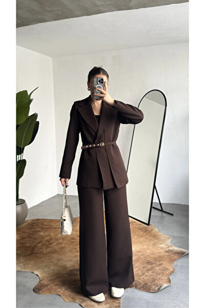 ELAYF سترة بليزر نسائية باللون البني مكونة من حزام قطع مع خصر مطاطي بنطلون وا...