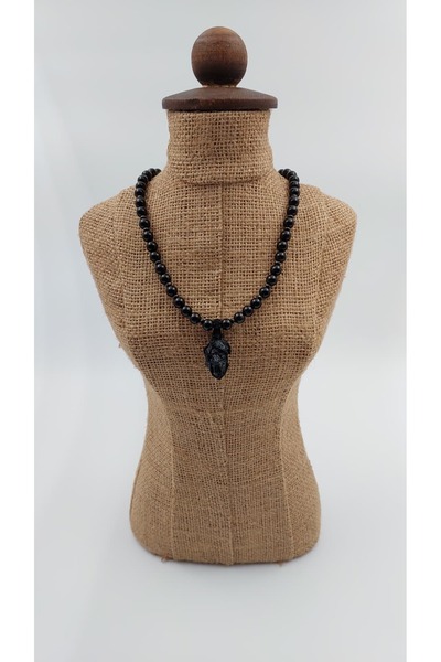 R G Handmade Design Siyah Turmalin Ham Taş Kadın Kolye - El Yapımı Makrome De...