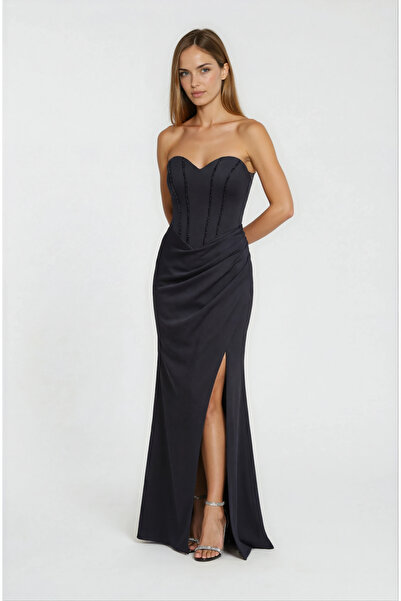 Spazio Korse Detaylı Kalp Yaka Drapeli Uzun Abiye Elbise SİYAH