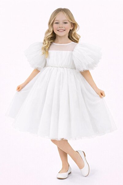 Nacar 23 Nisan 29 Ekim Gösteri Kıyafeti Balon Kollu Tül Detaylı Kız Çocuk Öze...