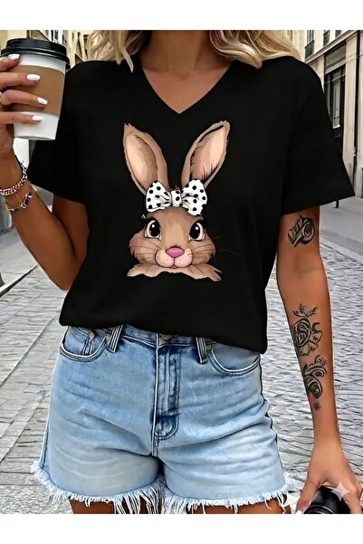 WOODROFFE Γυναικείο μπλουζάκι με λαιμόκοψη V Cute Rabbit με τύπωμα Μαύρο/Λευκ...