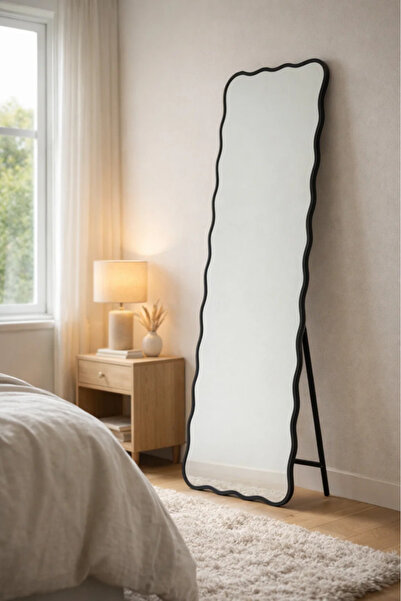 MARIA HOMES مرآة أرضية بإطار أسود مموج، مرآة طويلة قائمة لغرفة النوم