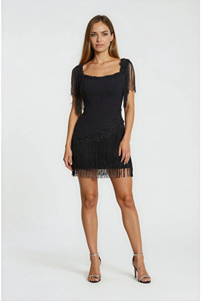 Spazio Püskül Detaylı Dantelli Mezuniyet Elbisesi SİYAH