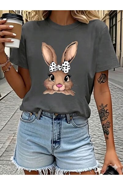 WOODROFFE Γυναικείο χαριτωμένο μπλουζάκι με κουνέλι με τύπωμα oversized φαρδι...