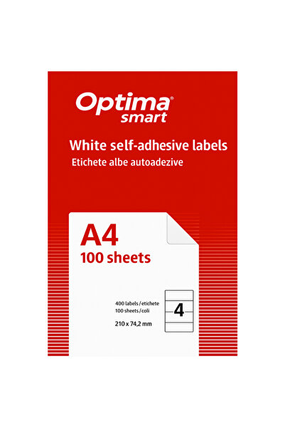 Optima Etichete albe autoadezive 4/A4, 210 x 74,2 mm, 100 coli/top, Smart