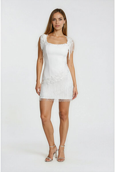 Spazio Püskül Detaylı Dantelli Mezuniyet Elbisesi BEYAZ
