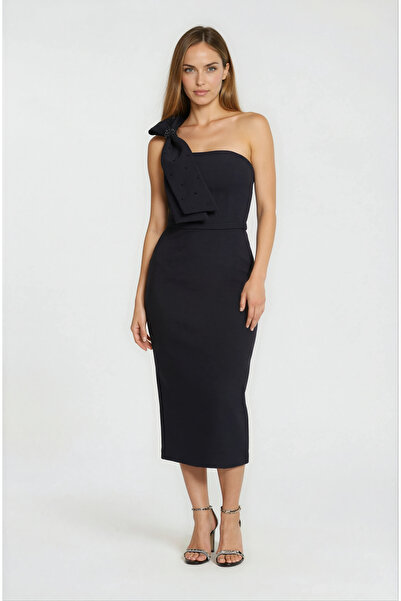 Spazio Tek Omuz Fiyonk Detaylı Davet Elbisesi SİYAH