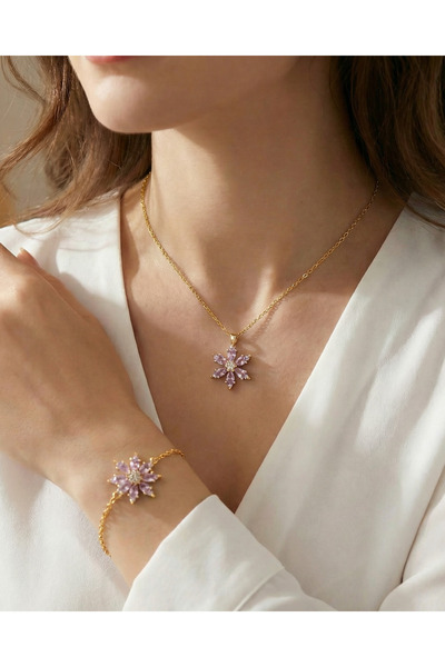 Gleemy accesories Kararmaz Çelik gold renk Zirkon Taşlı Pembe Lotus Çiçeği Ko...