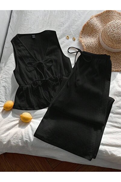 WEEST MODA siyah yelek ikiönden bağlama detaklı geniş paça pantolon alt üst t...