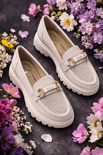 Platana talpă ortopedică Bej piele întoarsă Pantofi de damă loafers - Pantofi...