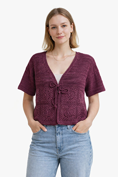 lunera Hand Knitted Cherry Rotten Color Tie-Detail Cardigans