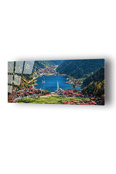 no77decor Trabzon Uzungöl Temalı Temperli Saatli Cam Tablo