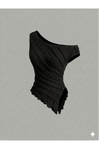 meren like your style bluză neagră cu decolteu bărcuță, cu volane, tiv asimet...