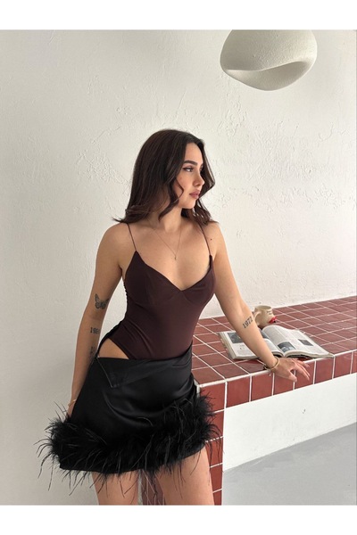 Mels Women's Black Rope Strap V-Neck Snap Bodysuit