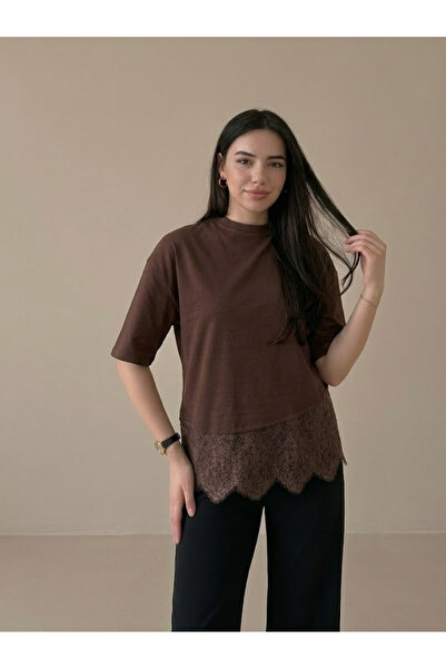 My Blog Καφέ Ασύμμετρο Μπλουζάκι Δαντέλα τεμαχίων - 4122