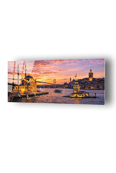 no77decor İstanbul Galata Kız Kulesi Temalı Temperli Saatli Cam Tablo