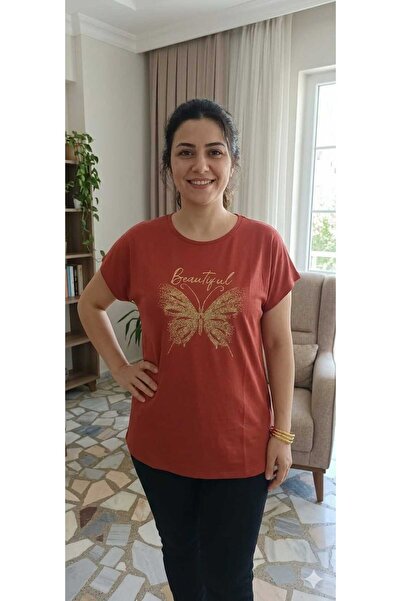 Stor Kadın Büyük Beden Gold Detaylı Kısa Kollu Bisiklet Yaka Tişört