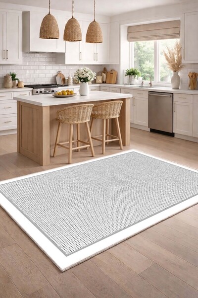 VOPTEKS Gri Beyaz Halı Mutfak Halısı Makinede Yıkanabilir Halı Kaymaz Taban Halı