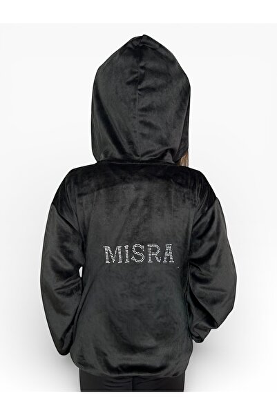 She Can Wear Kadife İçi Sarı File Şapkalı Sweatshirt Taşlı İsim