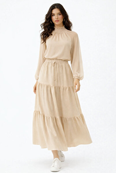 SHEBARA تنورة مزدوجة طويلة من الإيلاستان بخصر مرتفع حزام قطع