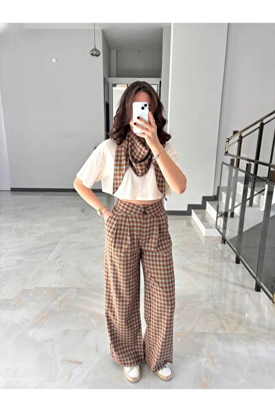 Sude Kızanlıklı Plaid Patterned Scarf Detailed Viral Pants