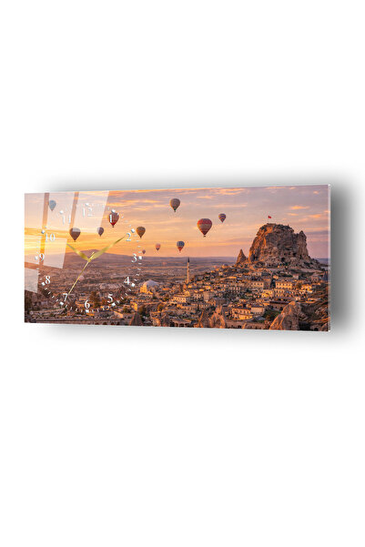 no77decor Kapadokya Peri Bacaları ve Balon Manzarası Temperli Saatli Cam Tablo