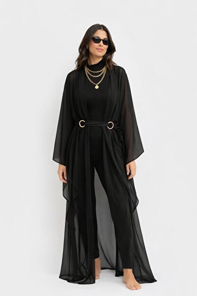 HARREL VELORA Gold Aksesuarlı Kuş Gözü Detaylı Şifon Kaftan