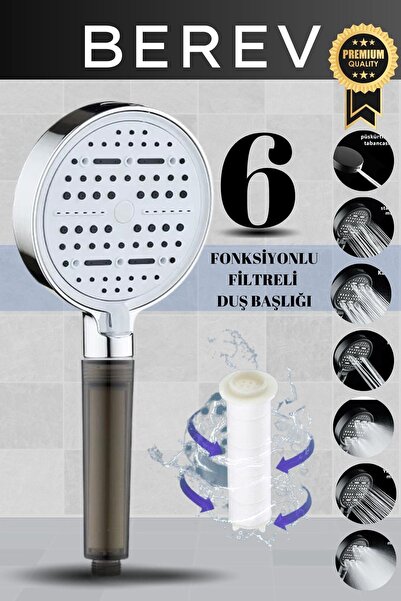 Berev 6 Fonksiyonlu Filtreli Krom Duş Başlığı Su Tasarruflu Basınçlı Kireç Kl...