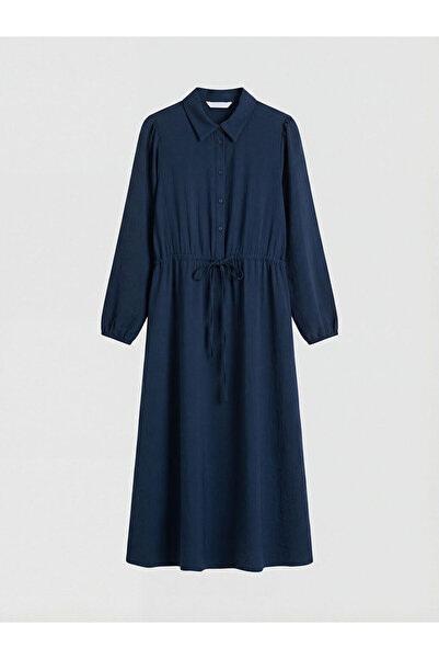 LC Waikiki LCWAIKIKI Κλασικό Φόρεμα σε Σκούρο Μπλε με Γιακά Πουκάμισου και Σούρα