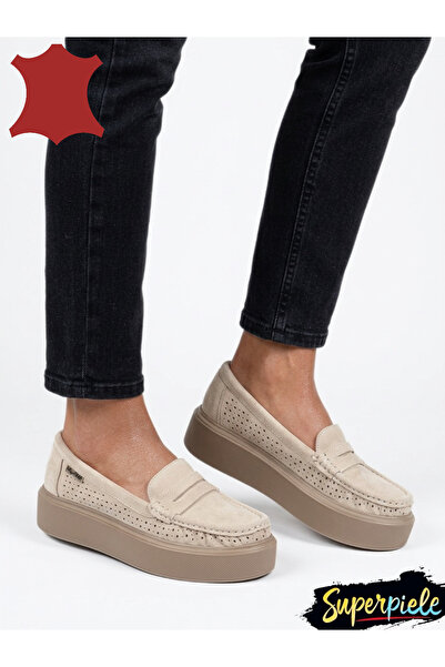 ANGEL BLUE Mocasini damă din piele întoarsă naturală cu talpă groasă