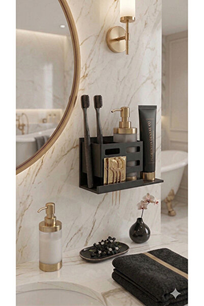 AA AHŞAP Rosdeer Lüks Yapışkanlı Banyo Düzenleyici Raf - Siyah Diş Fırçalık v...