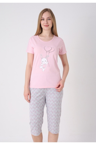 Serena Women's pajamas with Patterned , light pink - Cotton t-shirt and 3/4 p...