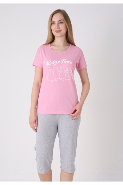Serena Women's pajamas with Patterned , pink - Cotton t-shirt and 3/4 pants