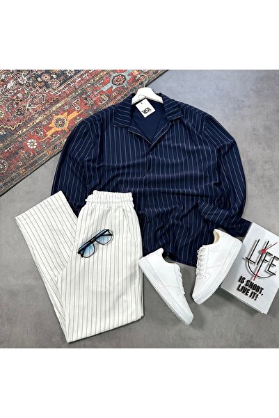 tetramoda Men's Crepe Fabric Striped Shirt and Pants Set