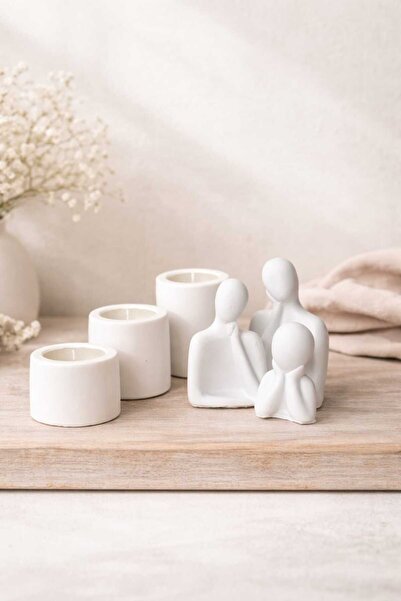 Modern Tasarım Beyaz Dekoratif Mumluk & Minimal Figürlü Masa Dekoru ( 3 adet tealight mum hediye)