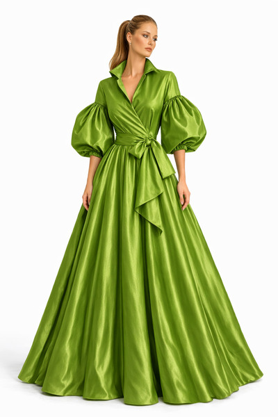 UNTIMELY Balloon Sleeves & Belted Olive Green Taffeta Maxi Dress