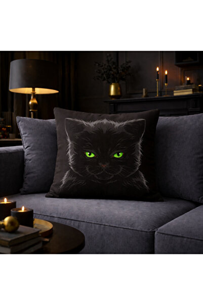ALAMODECOR Black Cat Patterned Reversible Digital Print Pack Single Cushion C...