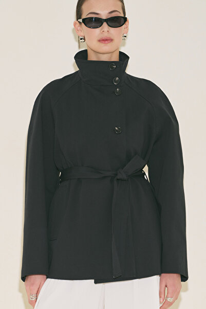 Manuka Henna High Collar Trench Coat Black