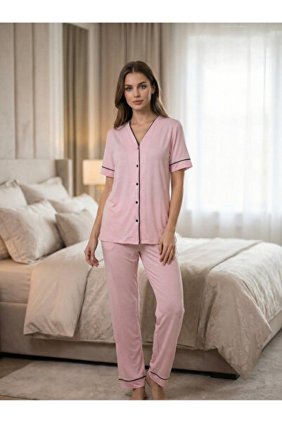 Lohusa Homewear New Season Pink Summer Piped Detail Buttoned Special Design S...