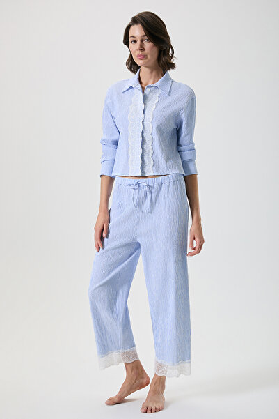 Penyemood dantelă seturi de pijamale cu detalii cu dungi