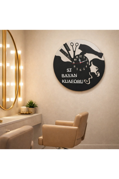 Kuaför salonu duvar saati 50 cm kişiye özel MRC HEDİYE SEPETİ no:186