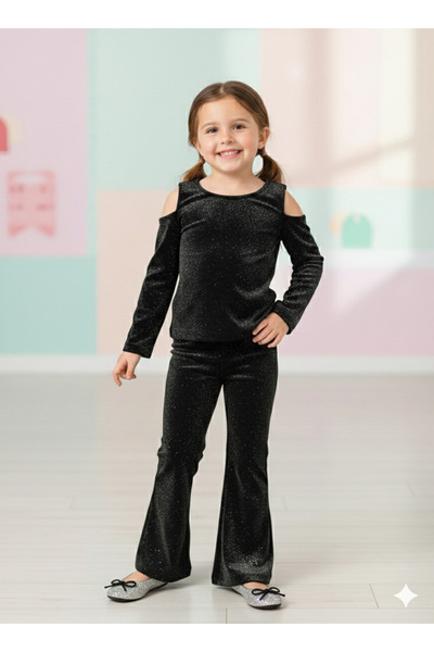 Dudese Girl's Sparkling Black Shoulder Detail Blouse and Flared Sets