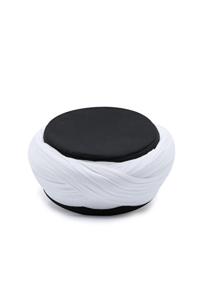 SARIKHANE YÜKSEK TEKNOLOJİ MAKİNE SARIMI Düz Tepeli Sarık -Beyaz Kumaş - Siya...