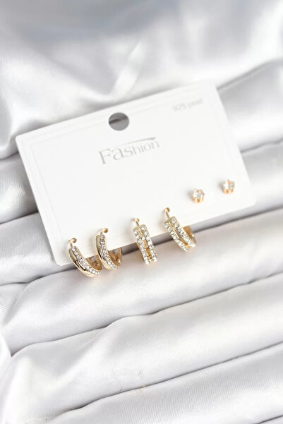 Skygo Pirinç Gold Renk Zirkon Taşlı 925 Gümüş Çivili Kadın Küpe Seti - TJ-BKP...