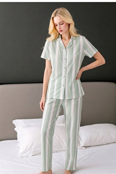 vory Set de pijamale pentru femei, verde acvatic, cu cu dungi nasturi - guler...