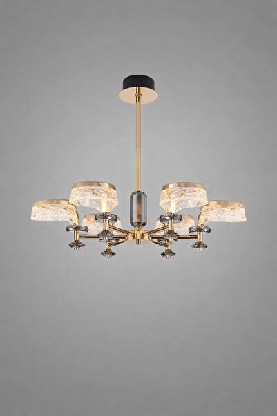 ATIK Zühre Modern Kristal Camlı 6 Kollu LED Avize – Siyah & Altın 3 Renk Işıklı