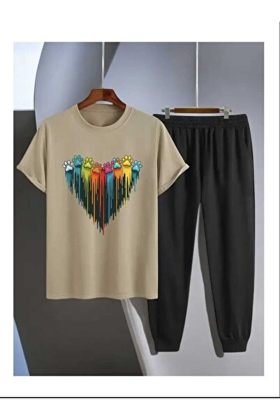 LAVİTTA نمط مطبوع بنطال رياضي وتي شيرت - بنطال جوغر تي شيرت علوي وسفلي طقم ري...