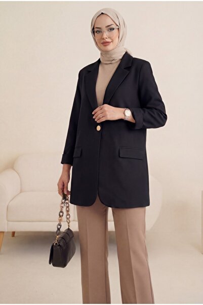 NEFESSE Kadın Tek Düğmeli Likralı Cepli Blazer Ceket -Siyah