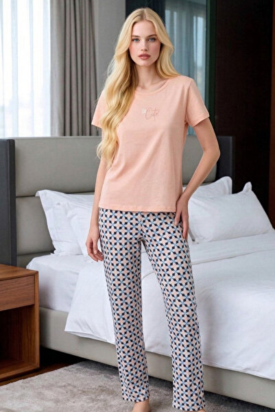 vory Women's Salmon Be Cute Written Patterned Bottom Pajama Set - Cotton Piec...