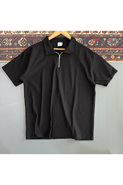 blucombin Men's Corded Fabric Half Zip T-Shirt Wide Cut